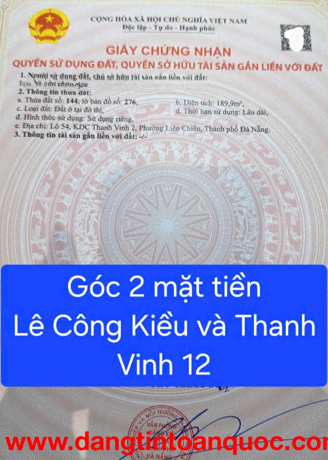 ĐẤT LÔ GÓC 2 MẶT TIỀN LÊ CÔNG KIỀU – THANH VINH 12 - XÂY CĂN HỘ Y BÀI