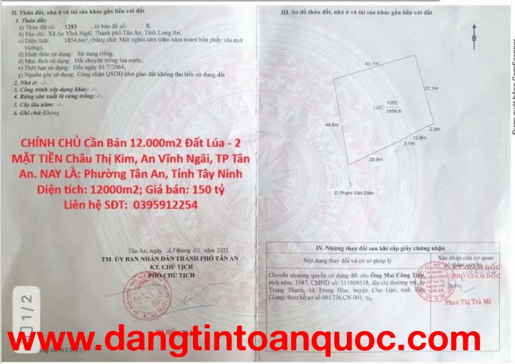 CHÍNH CHỦ Cần Bán 12.000m2 Đất Lúa - 2 MẶT TIỀN Châu Thị Kim, An Vĩnh Ngãi, TP Tân An