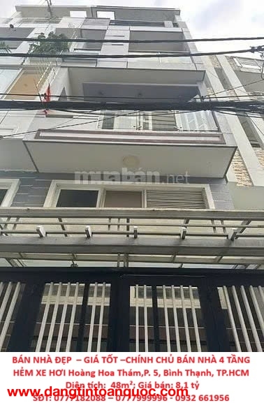 BÁN NHÀ ĐẸP  – GIÁ TỐT –CHÍNH CHỦ BÁN NHÀ 4 TẦNG HẺM XE HƠI Hoàng Hoa Thám,P. 5, Bình Thạnh, TP.HCM