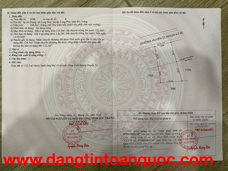 ĐẤT ĐẸP – GIÁ TỐT  – CHÍNH CHỦ CẦN BÁN GẤP tại  Xã Long Đức, Huyện Long Phú, Sóc Trăng