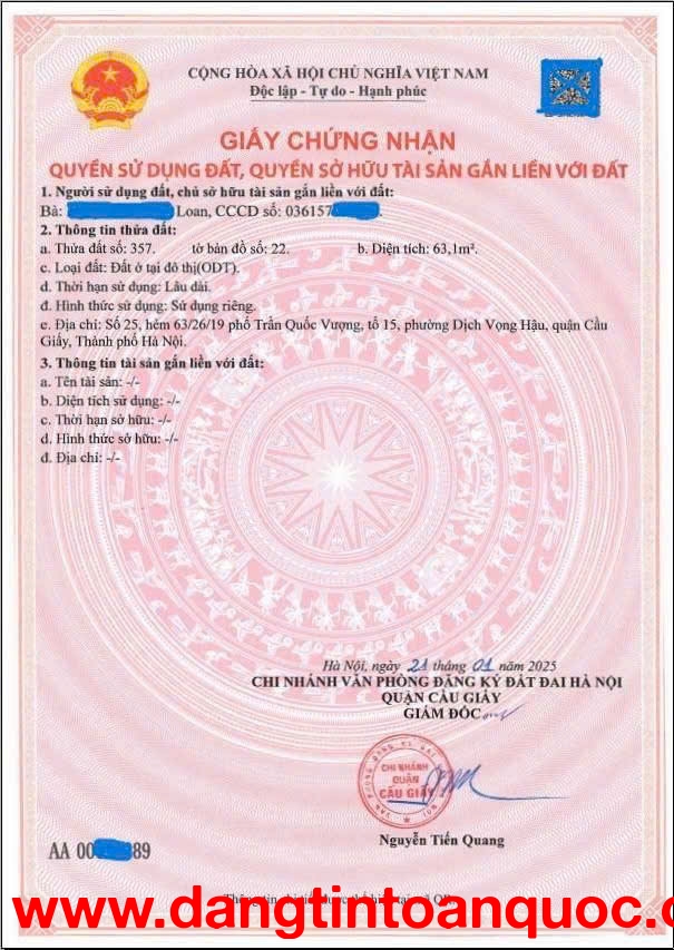 CHÍNH CHỦ BÁN ĐẤT, TẶNG NHÀ, 2 THOÁNG, NGÕ 63 TRẦN QUỐC VƯỢNG, DỊCH VỌNG HÂU