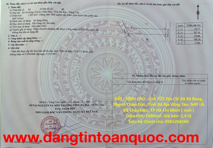 ĐẤT CHÍNH CHỦ - GIÁ TỐT Địa Chỉ Xã Xà Bang, Huyện Châu Đức, Tỉnh Bà Rịa Vũng Tàu