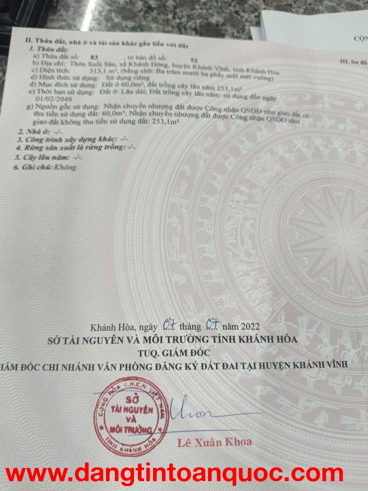 ĐẤT ĐẸP– GIÁ TỐT  – CHÍNH CHỦ CẦN BÁN NHANH Đất Tại Xã Khánh Đông, Khánh Vĩnh, Khánh Hòa