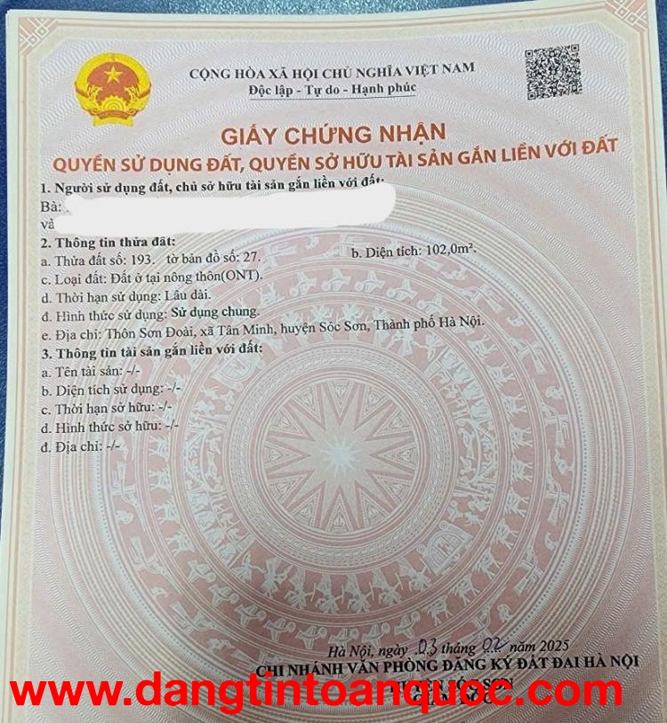 2 tỷ mà mua được 102m full thổ cư yaoj xã Sóc Sơn, không mua là mất