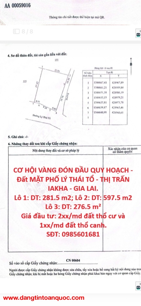 CƠ HỘI VÀNG ĐÓN ĐẦU QUY HOẠCH - Đất MẶT PHỐ LÝ THÁI TỔ - THỊ TRẤN IAKHA - GIA LAI.