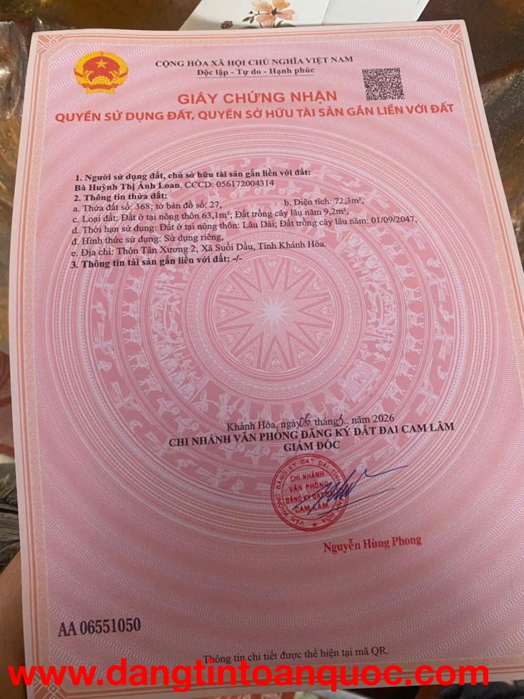 Cần Bán Lô Đất Thôn Tân Xương, Xã Suối Dầu , Khánh Hòa.