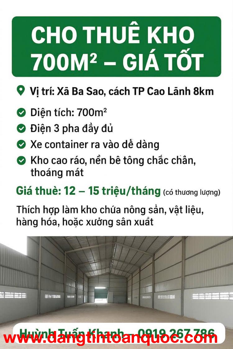 CHO THUÊ KHO 700m² – GIÁ TỐT TẠI ĐỒNG THÁP