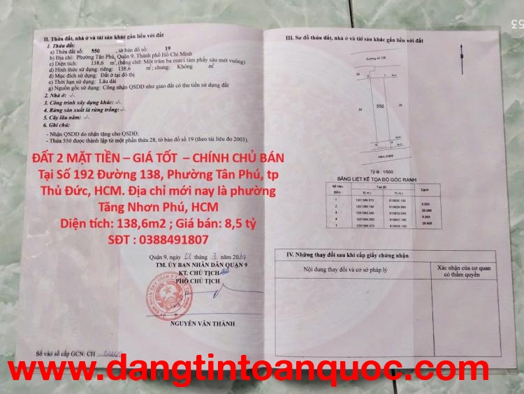 ĐẤT 2 MẶT TIỀN – GIÁ TỐT  – CHÍNH CHỦ BÁN Tại Số 192 Đường 138, Phường Tân Phú, tp Thủ Đức, HCM