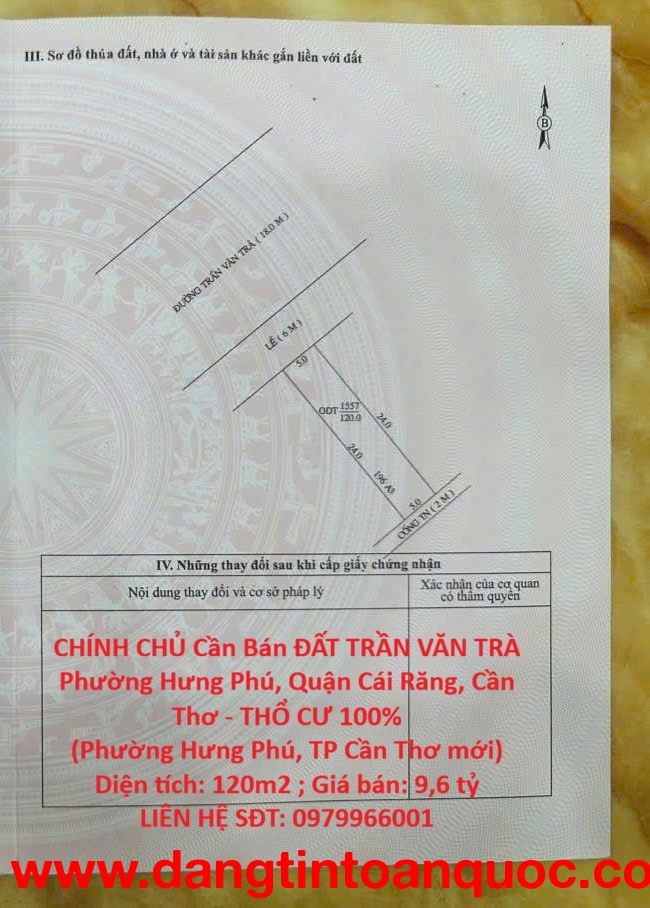 CHÍNH CHỦ Cần Bán ĐẤT TRẦN VĂN TRÀ Phường Hưng Phú, Quận Cái Răng, Cần Thơ - THỔ CƯ 100%
