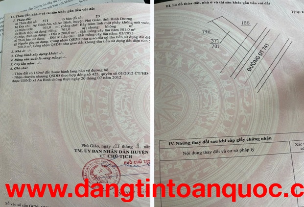CẦN BÁN LÔ ĐẤT VỊ TRÍ ĐẮC ĐỊA TẠI DT741 AN BÌNH, HUYỆN PHÚ GIÁO, BÌNH DƯƠNG