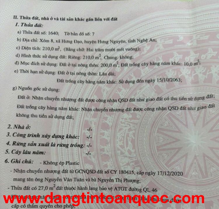 CHÍNH CHỦ CẦN BÁN ĐẤT Mặt Đường Quốc lộ 46, Xóm 8 Xã Hưng Đạo, Huyện Hưng Nguyên, Tỉnh Nghệ An.