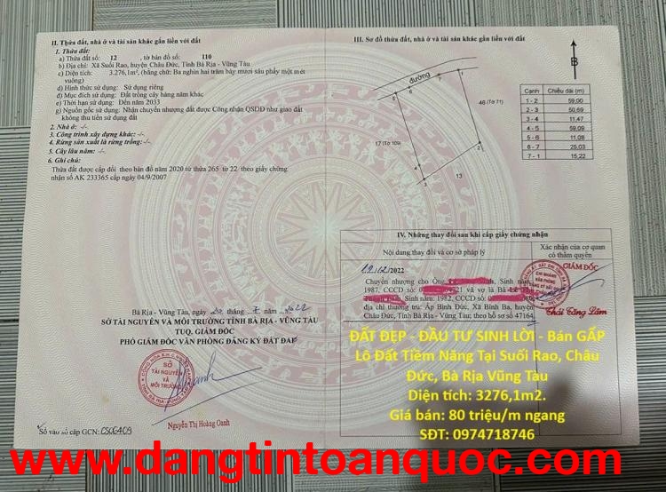 ĐẤT ĐẸP - ĐẦU TƯ SINH LỜI - Bán GẤP Lô Đất Tiềm Năng Tại Suối Rao, Châu Đức, Bà Rịa Vũng Tàu