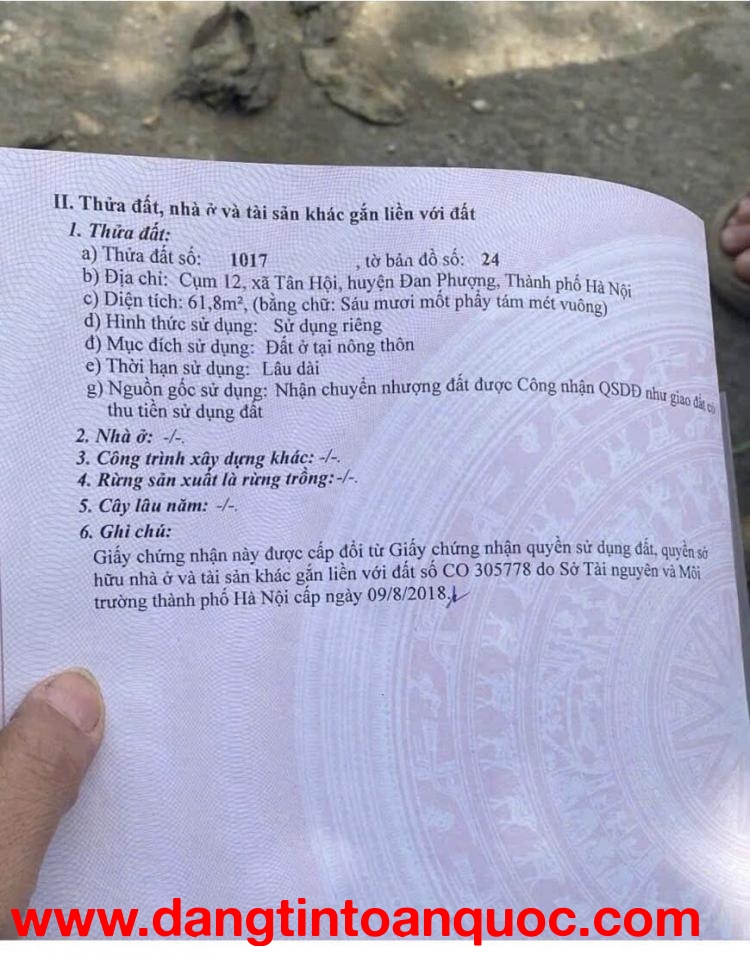 ĐẤT ĐẸP - GIÁ TỐT - Bán Đất Tặng Nhà Vị Trí Đắc Địa Tại Tân Hội, Đan Phượng, thành phố Hà Nội