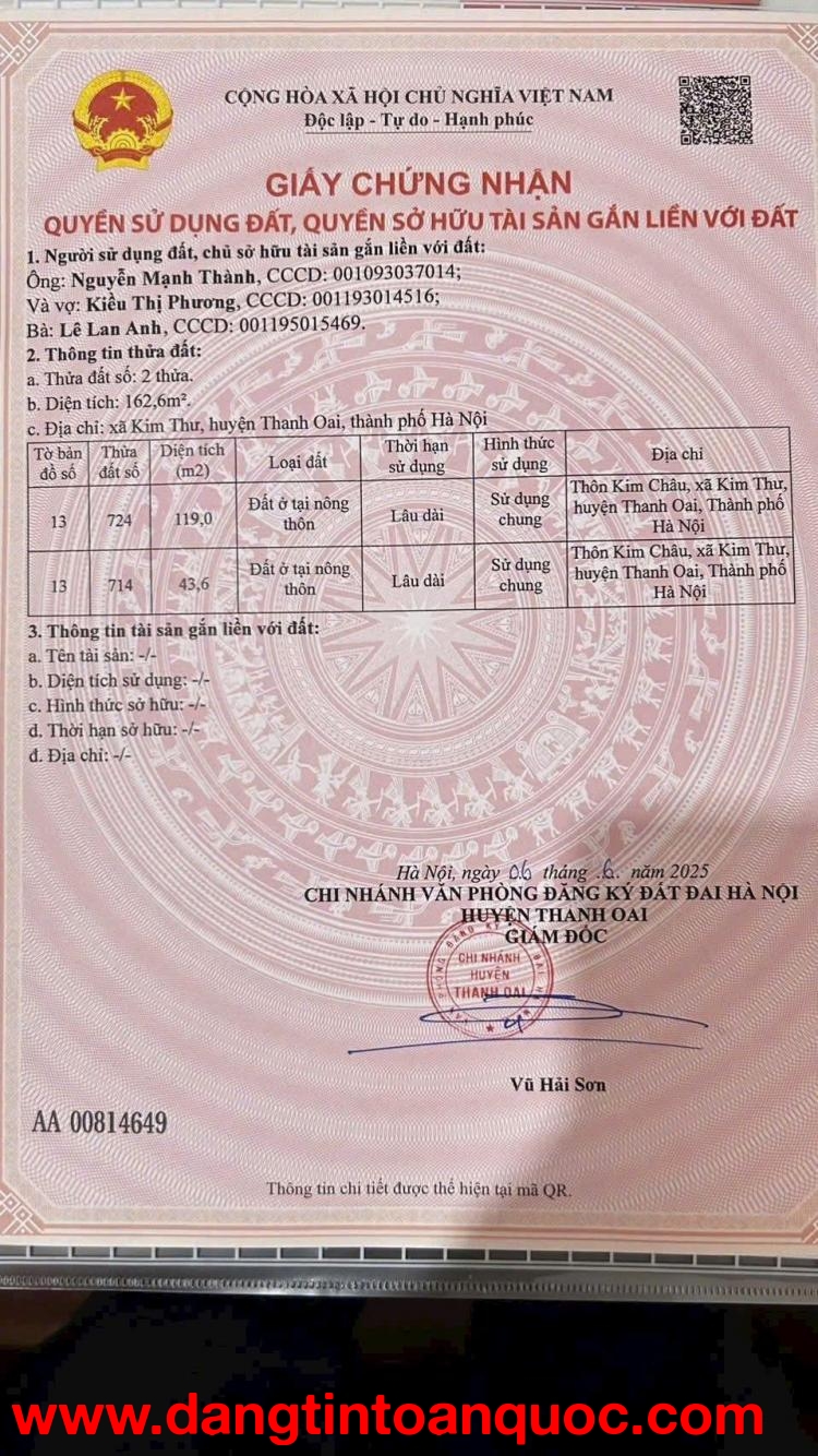 Bán lô đất thổ cư Kim Châu, Kim Thư, Thanh Oai, Hà Nội . Otô vào nhà, DT 43,6 lô góc mặt tiền 5,2m v