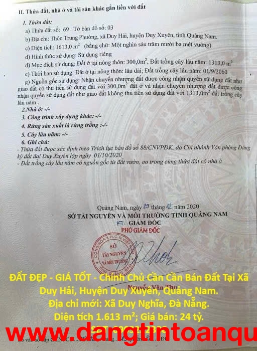 ĐẤT ĐẸP - GIÁ TỐT - Chính Chủ Cần Cần Bán Đất Tại Xã Duy Hải, Huyện Duy Xuyên, Quảng Nam.