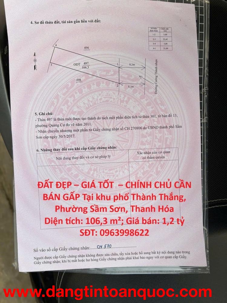 ĐẤT ĐẸP – GIÁ TỐT  – CHÍNH CHỦ CẦN BÁN GẤP Tại khu phố Thành Thắng, Phường Sầm Sơn, Thanh Hóa