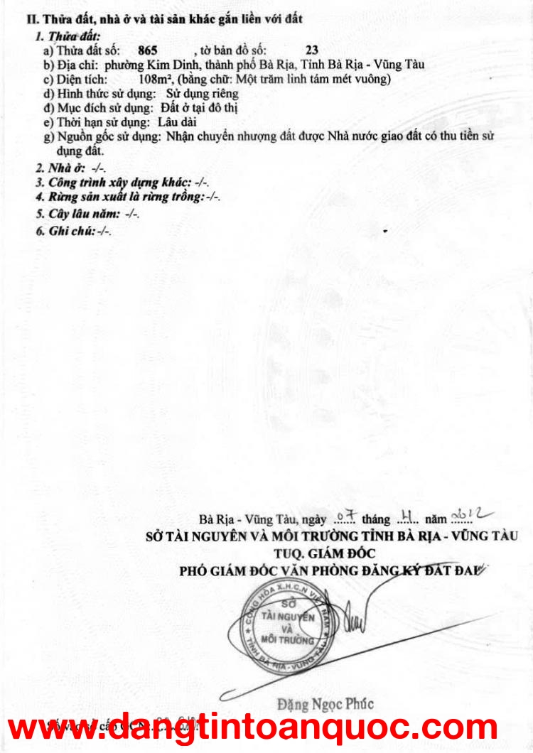 ĐẤT  ĐẸP- GIÁ TỐT- CẦN BÁN NHANH ĐẤT tại Phường Kim Dinh, TP Bà Rịa ,Vũng Tàu