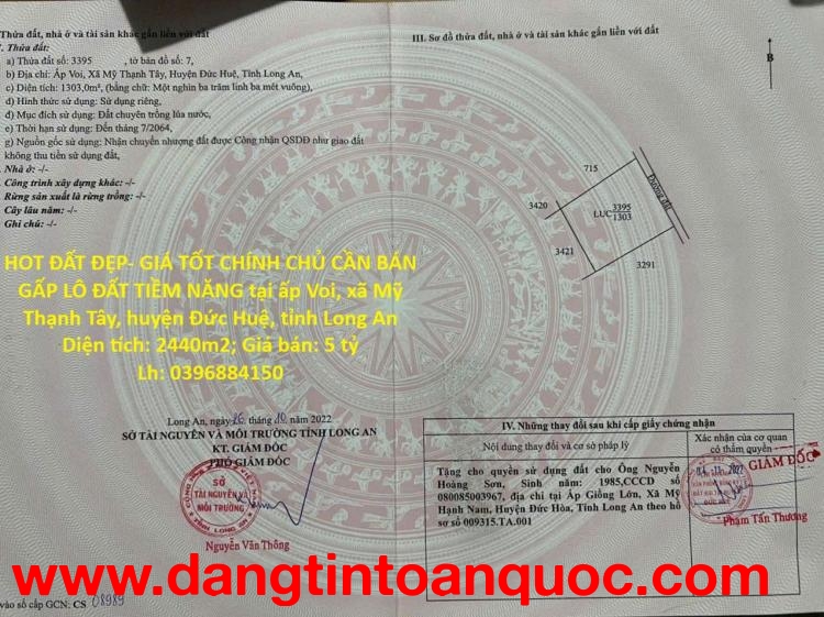 HOT ĐẤT ĐẸP- GIÁ TỐT CHÍNH CHỦ CẦN BÁN GẤP LÔ ĐẤT TIỀM NĂNG tại huyện Đức Huệ, tỉnh Long An
