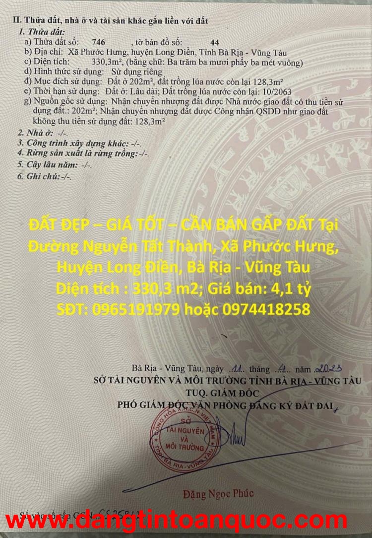 ĐẤT ĐẸP – GIÁ TỐT – CẦN BÁN GẤP ĐẤT Tại Xã Phước Hưng, Huyện Long Điền, Bà Rịa - Vũng Tàu