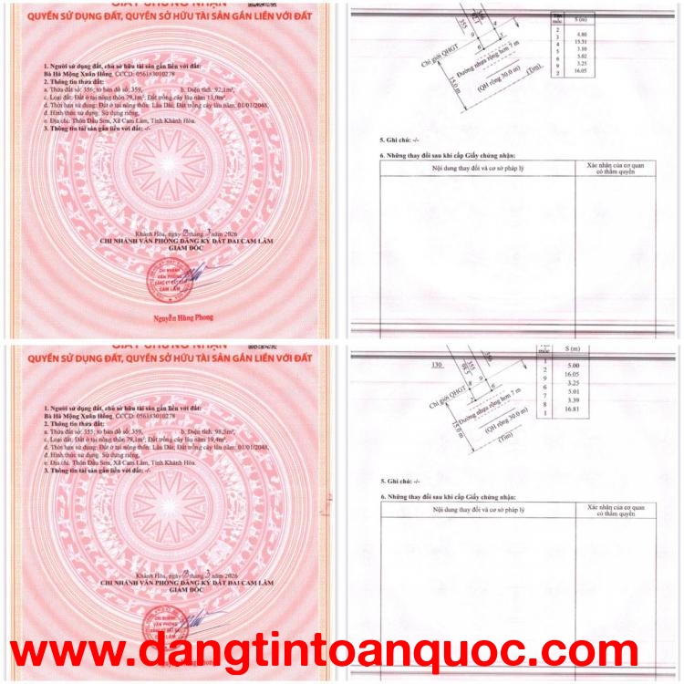 CHÍNH CHỦ CẦN BÁN 02 LÔ ĐẤT MẶT TIỀN QL1A THÔN DẦU SƠN - XÃ CAM LÂM - KHÁNH HOÀ