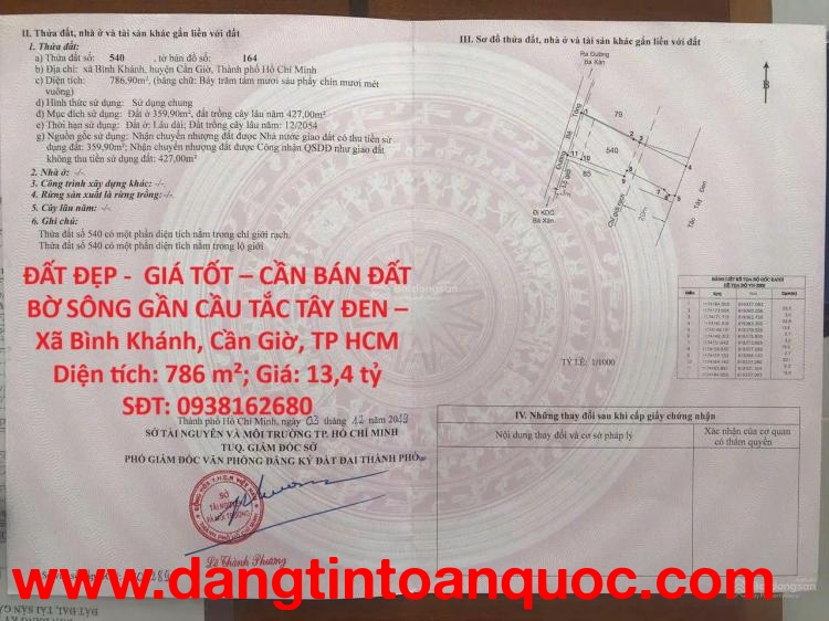 ĐẤT ĐẸP -  GIÁ TỐT – CẦN BÁN ĐẤT BỜ SÔNG GẦN CẦU TẮC TÂY ĐEN – Xã Bình Khánh, Cần Giờ, TP HCM
