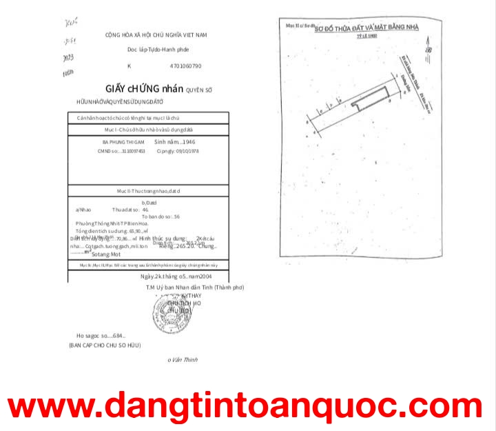 Ngân hàng BIDV thanh lý tài sản tại khu phố 6, phường Trấn Biên, Biên Hòa, Đồng Nai