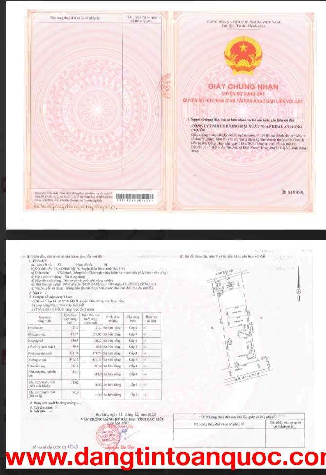 Ngân hàng BIDV thanh lý tài sản Nhà máy mặt tiền QL1A, Hòa Bình, Bạc Liêu