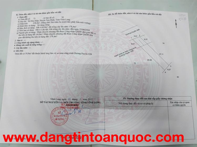 ĐẤT ĐẸP -  GIÁ TỐT - Chính Chủ Cần Bán Tại Xã Hòa Hiệp, Tam Bình, Vĩnh Long