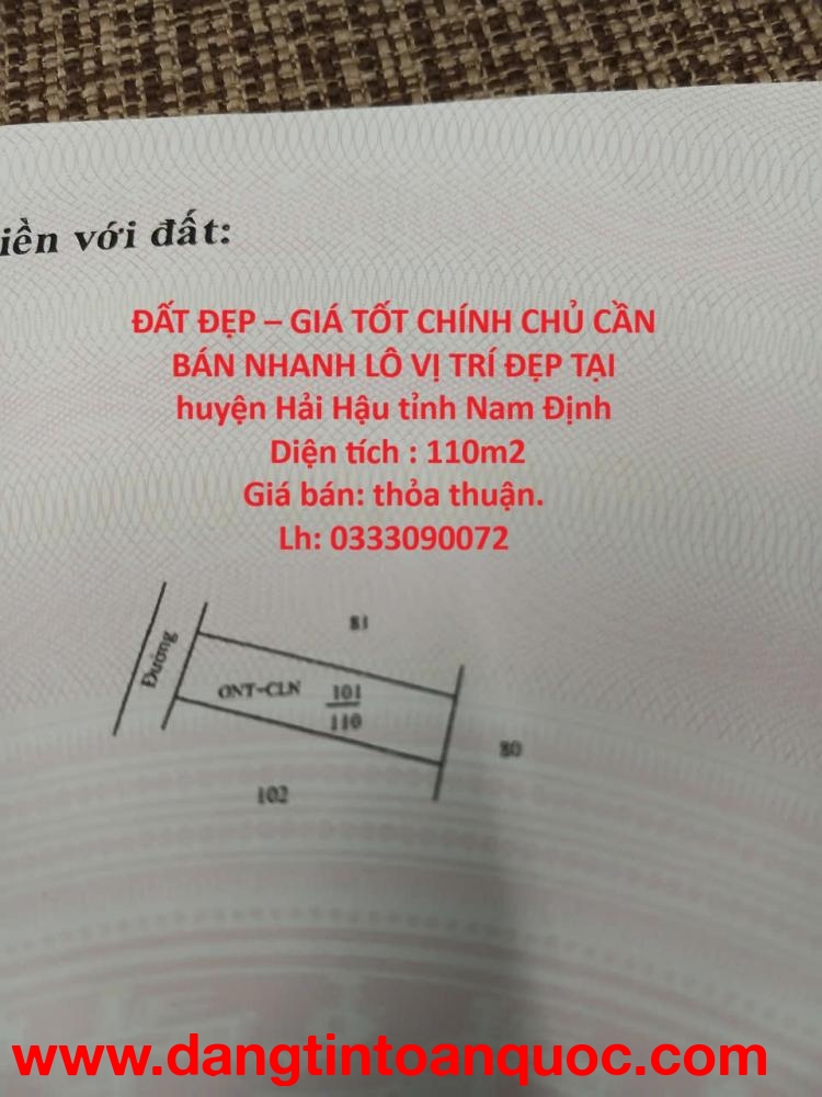 ĐẤT ĐẸP – GIÁ TỐT CHÍNH CHỦ CẦN BÁN NHANH LÔ VỊ TRÍ ĐẸP TẠI huyện Hải Hậu tỉnh Nam Định