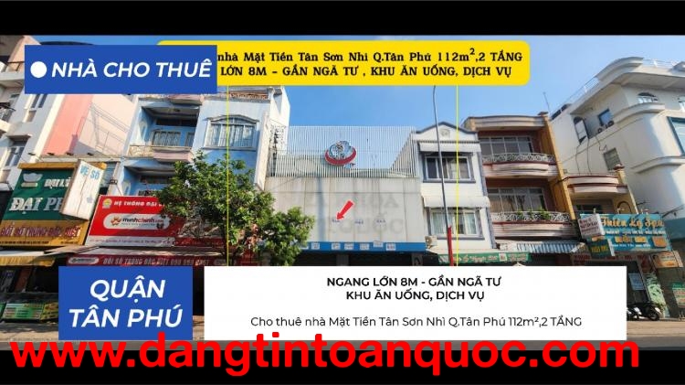 Cho thuê nhà Mặt Tiền Tân Sơn Nhì Q.Tân Phú 112m²,2 TẦNG, NGANG 8M, 55Triệu