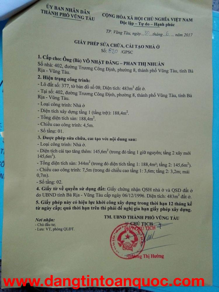 Giấy Xin Phép Sửa Chữa Cải Tạo Nhà Tại Bà Rịa - Vũng Tàu