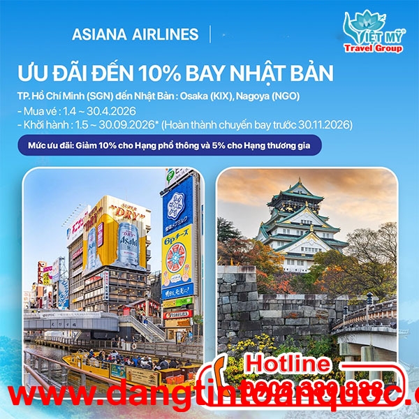 Asiana Airlines giảm 10% giá vé đi Nhật Bản
