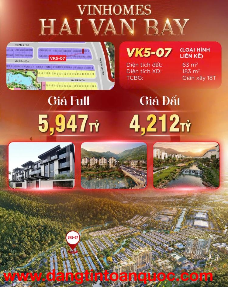 BÁN BIỆT THỰ LIỀN KỀ 63M2 GẦN BIỂN TẠI DỰ ÁN VINHOMES HẢI VÂN BAY CỦA CĐT GROUP