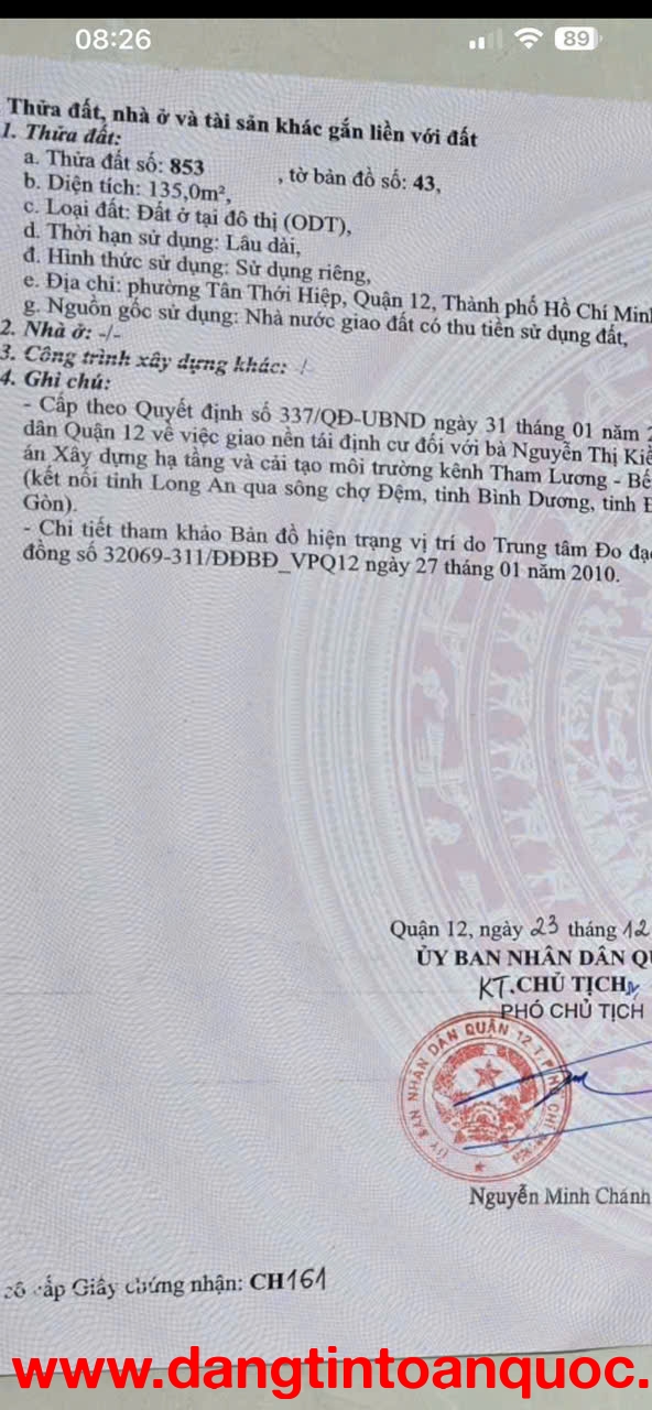 ĐẤT KDC TÂN TIẾN – GẦN NGUYỄN VĂN QUÁ – 5x27M NỞ HẬU – CHỈ 7.5 TỶ