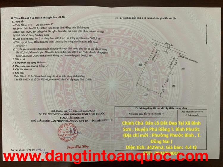 Chính Chủ  Bán Lô Đất Đẹp Tại Xã Bình Sơn , Huyện Phú Riềng T. Bình Phước