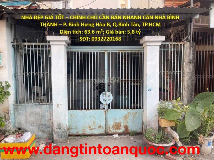 NHÀ ĐẸP GIÁ TỐT – CHÍNH CHỦ CẦN BÁN NHANH CĂN NHÀ BÌNH THÀNH – P. Bình Hưng Hòa B, Q.Bình Tân, TP.HC