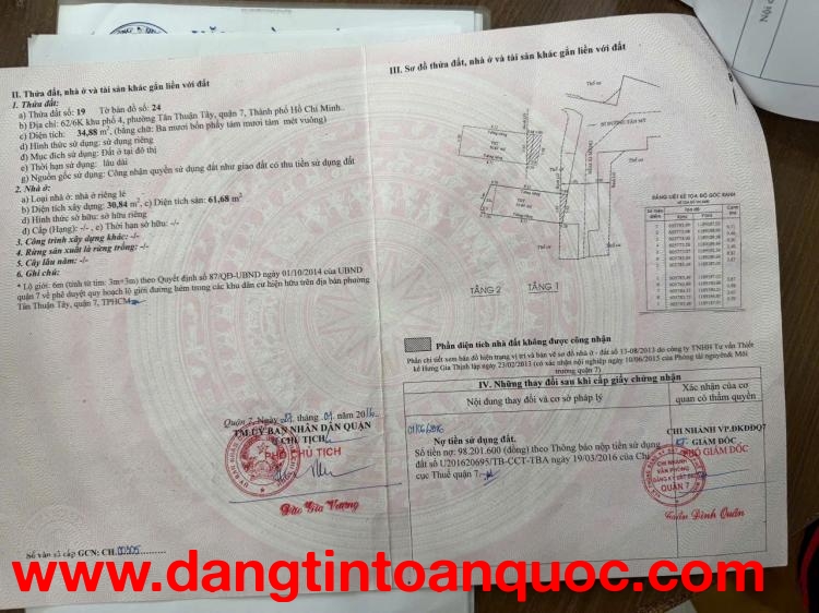 Bán nhà số 62/6K khu phố 4, phường Tân Thuận Tây, Quận 7, Hồ Chí Minh.