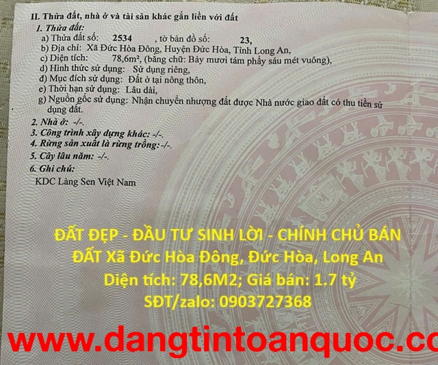 ĐẤT ĐẸP - ĐẦU TƯ SINH LỜI - CHÍNH CHỦ BÁN ĐẤT Xã Đức Hòa Đông, Đức Hòa, Long An