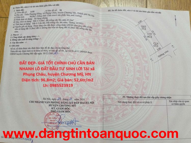 ĐẤT ĐẸP- GIÁ TỐT CHÍNH CHỦ CẦN BÁN NHANH LÔ ĐẤT ĐẦU TƯ SINH LỜI TẠI huyện Chương Mỹ, tp Hà Nội