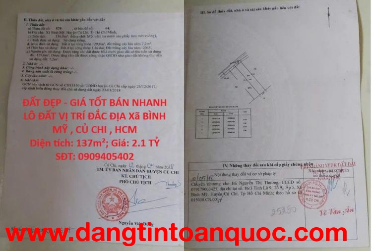 ĐẤT ĐẸP - GIÁ TỐT BÁN NHANH LÔ ĐẤT VỊ TRÍ ĐẮC ĐỊA Xã BÌNH MỸ , CỦ CHI , HCM