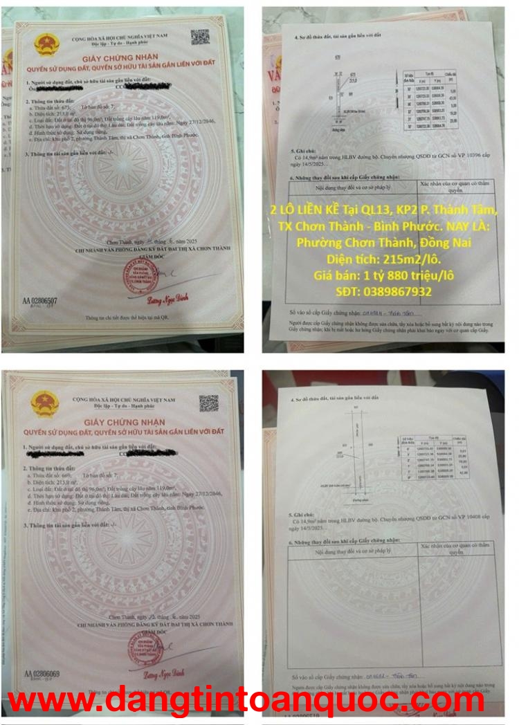 BÁN ĐẤT NỀN CHÍNH CHỦ - 2 LÔ LIỀN KỀ Tại QL13, KP2 P. Thành Tâm, TX Chơn Thành - Bình Phước