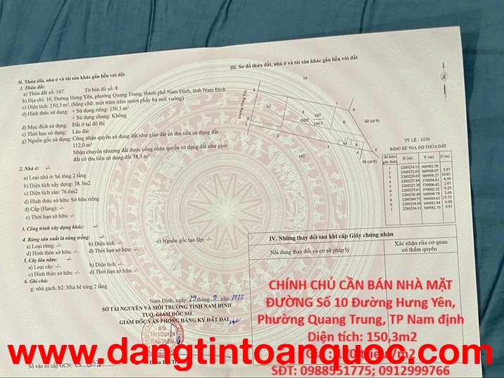 CHÍNH CHỦ CẦN BÁN NHÀ MẶT ĐƯỜNG Số 10 Đường Hưng Yên, Phường Quang Trung, TP Nam định