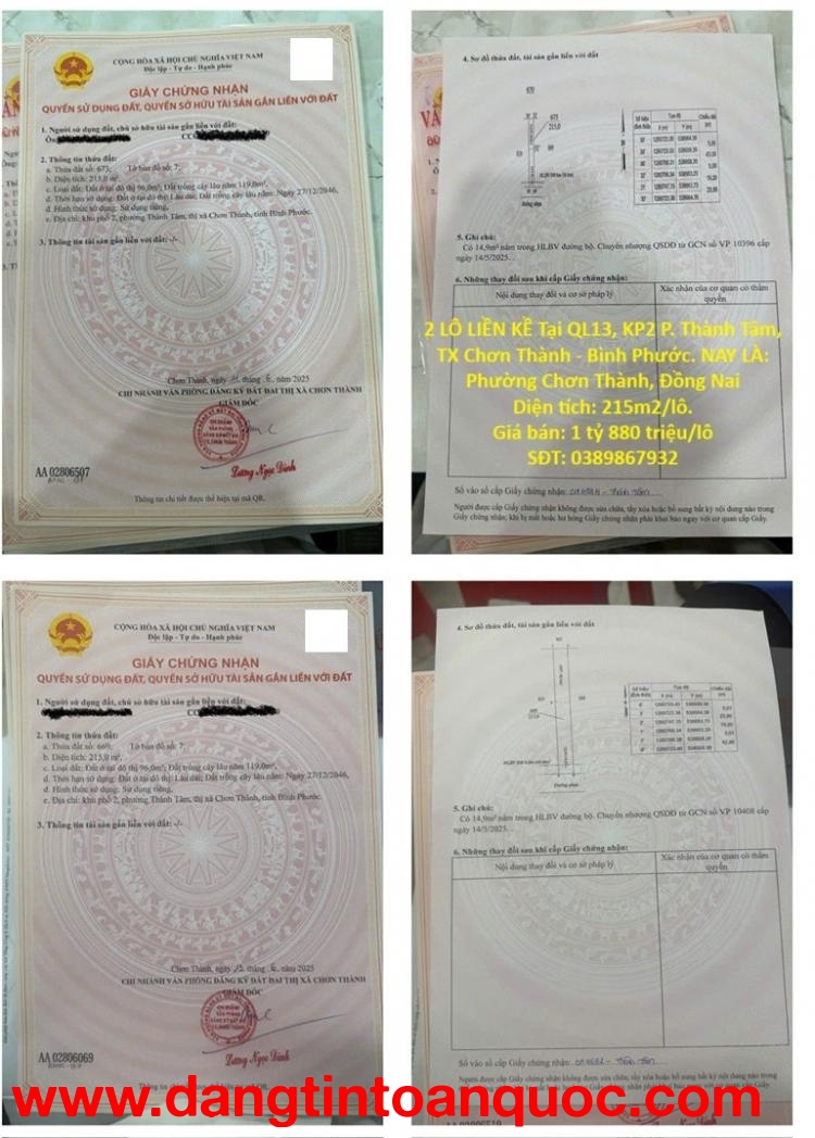 BÁN ĐẤT NỀN CHÍNH CHỦ - 2 LÔ LIỀN KỀ Tại QL13, KP2 P. Thành Tâm, TX Chơn Thành - Bình Phước
