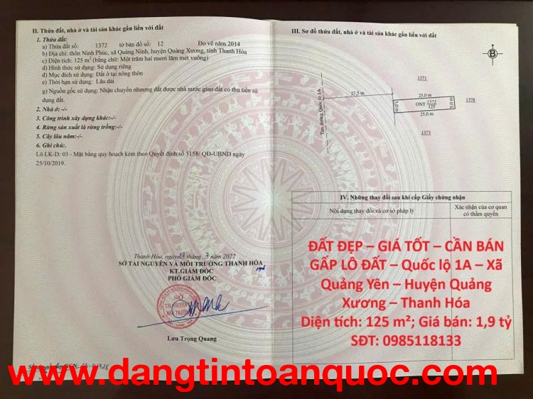 ĐẤT ĐẸP – GIÁ TỐT – CẦN BÁN GẤP LÔ ĐẤT – Quốc lộ 1A – Xã Quảng Yên – Huyện Quảng Xương – Thanh Hóa