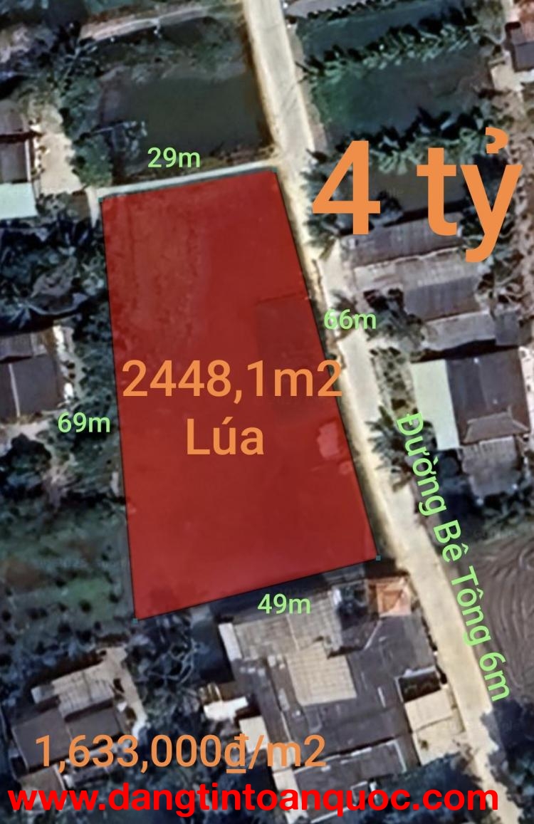 Bán lô đất lúa 4 mặt tiền chuyển thổ phân lô giá chốt 4 tỷ