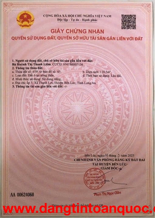 ĐẤT THỔ CƯ ĐẸP – GIÁ TỐT CHÍNH CHỦ CẦN BÁN GẤP tại Xã Thạnh Lợi, Huyện Bến Lức, Long An