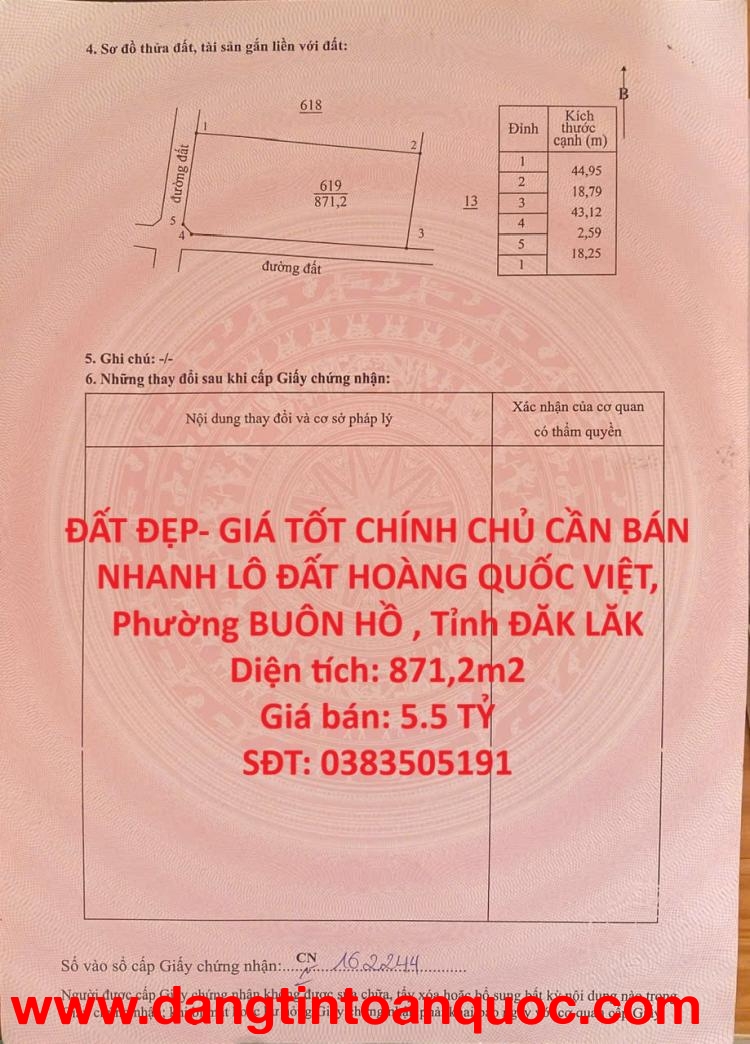 ĐẤT ĐẸP- GIÁ TỐT CHÍNH CHỦ CẦN BÁN NHANH LÔ ĐẤT HOÀNG QUỐC VIỆT, Phường BUÔN HỒ , Tỉnh ĐĂK LĂK