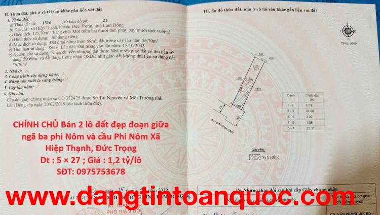 CHÍNH CHỦ Bán 2 lô đất đẹp đoạn giữa ngã ba phi Nôm và cầu Phi Nôm Xã Hiệp Thạnh, Đức Trọng