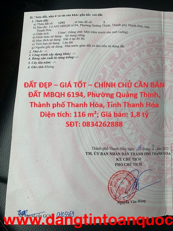 ĐẤT ĐẸP – GIÁ TỐT – CHÍNH CHỦ CẦN BÁN ĐẤT MBQH 6194, Phường Quảng Thịnh, TP. Thanh Hóa, Tỉnh Thanh H