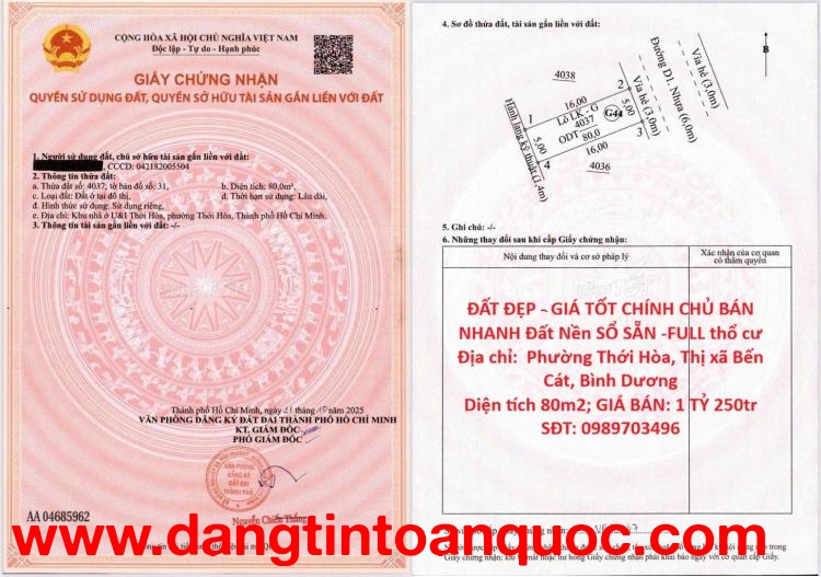 ĐẤT ĐẸP - GIÁ TỐT CHÍNH CHỦ BÁN NHANH Đất Nền SỔ SẴN -FULL thổ cư Phường Thới Hòa,  Bến Cát